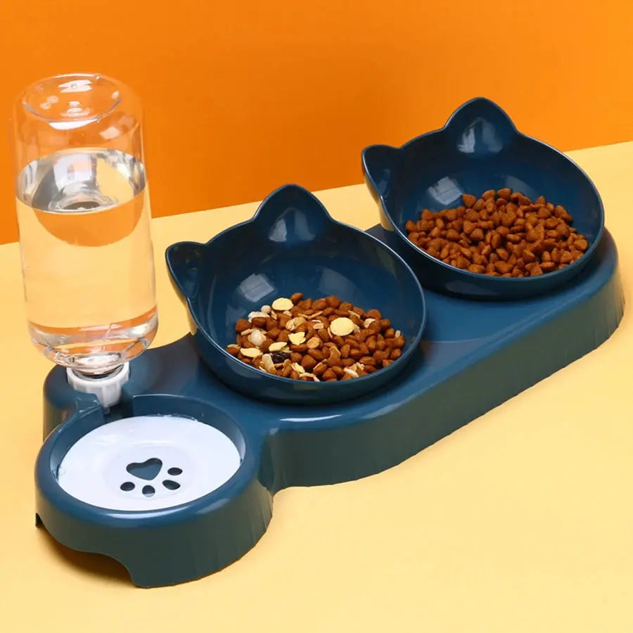 3-in-1 Katzennapf mit Trinkflasche – Kippbar & drehbar für Futter & Wasser