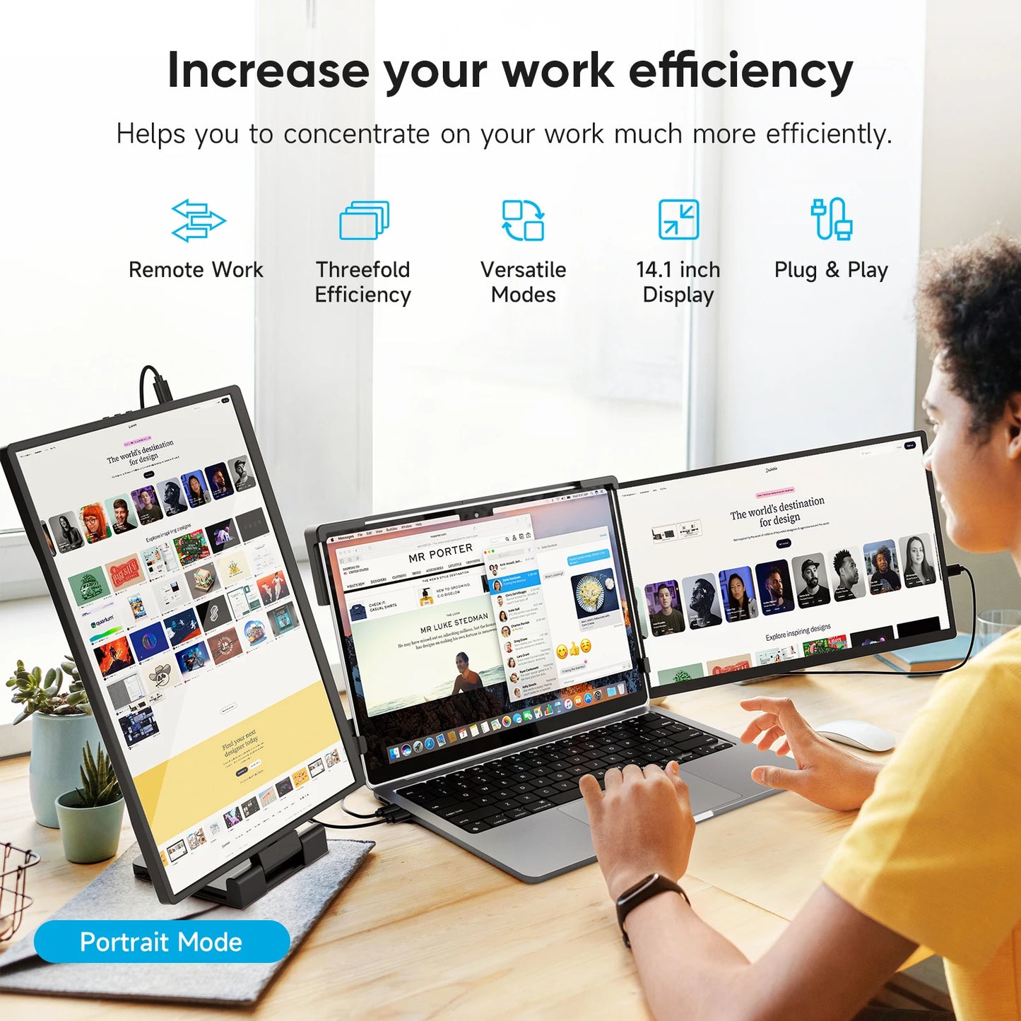 Dopesplay Triple Screen Extender 14.1" - FHD 1200P IPS Dual Monitor | 360° Rotation, Type-C Plug & Play für maximale Produktivität