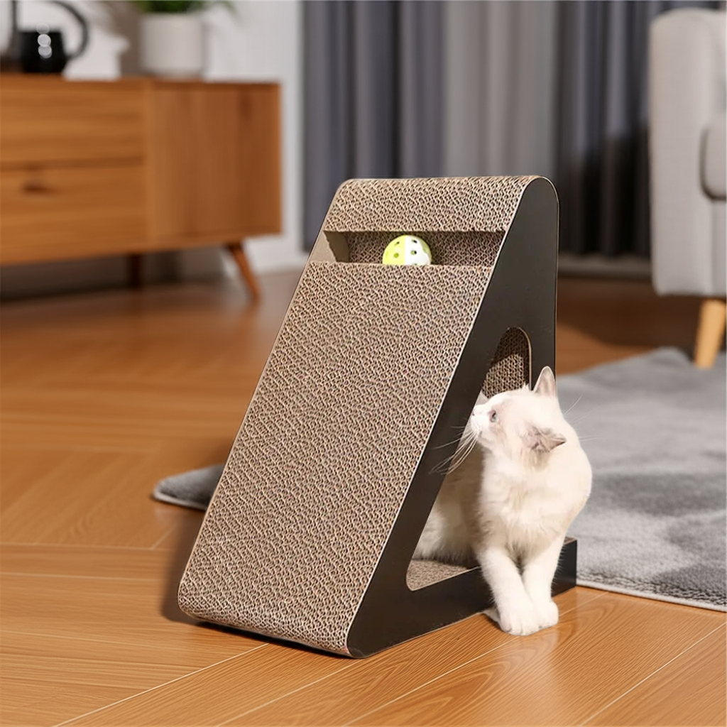 2-in-1 Kratzspielzeug für Katzen – Dreieck mit Kugelbahn & Kratzfläche